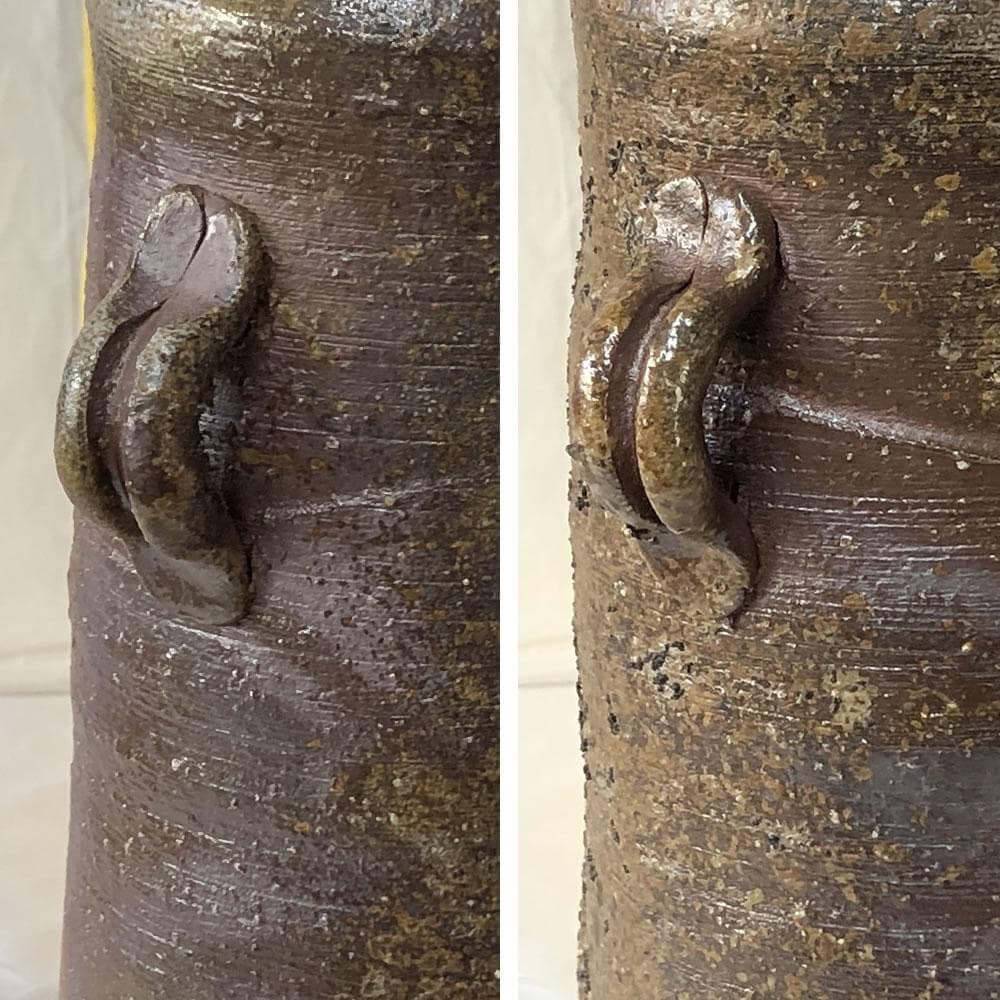 e3057 日幡光顕 備前焼 耳付 花入 共箱 高さ23cm