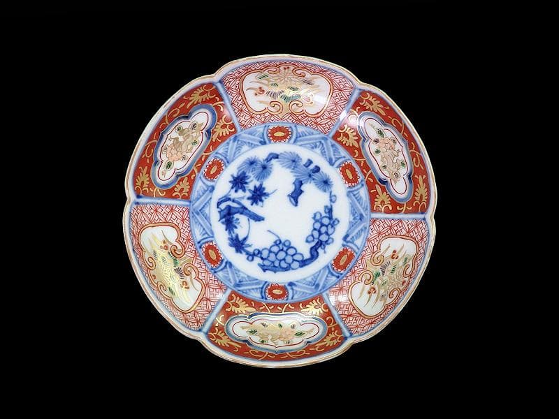 大聖寺伊万里　金襴手　菊に柘榴　松竹梅の図　輪花４寸皿２枚　E638AS-DCh