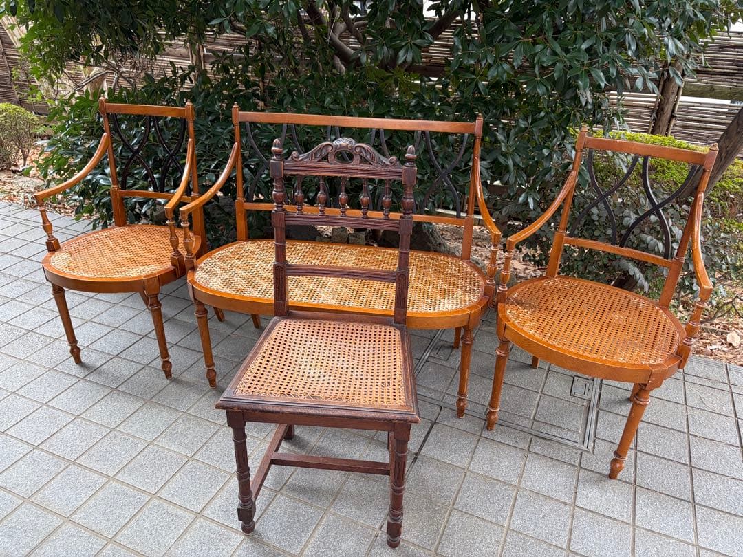 アンティーク 木製ラタンベンチ 2人掛け アールデコ アームチェア 椅子