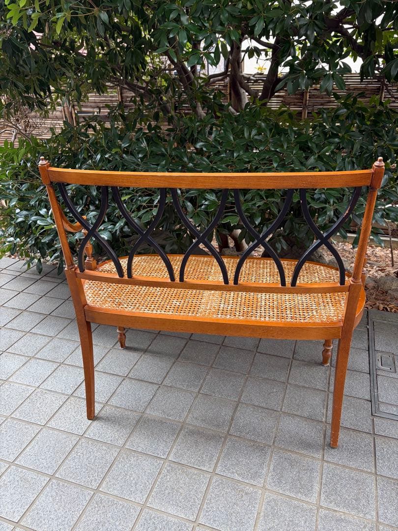 アンティーク 木製ラタンベンチ 2人掛け アールデコ アームチェア 椅子