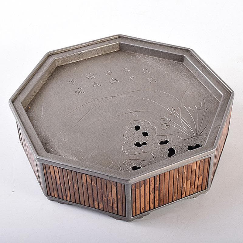 中国　古銅　漢詩花刻　斑竹細工　八角香炉　在銘　U　R7587