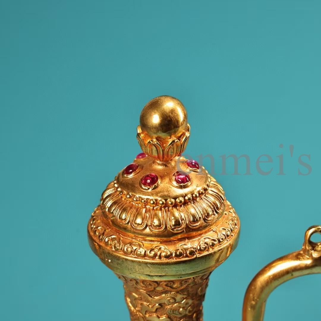 中国古美術・珍蔵純銅製・鎏金・酒器・高浮彫酒壺・純手作り・茶道具・酒具・風水置物