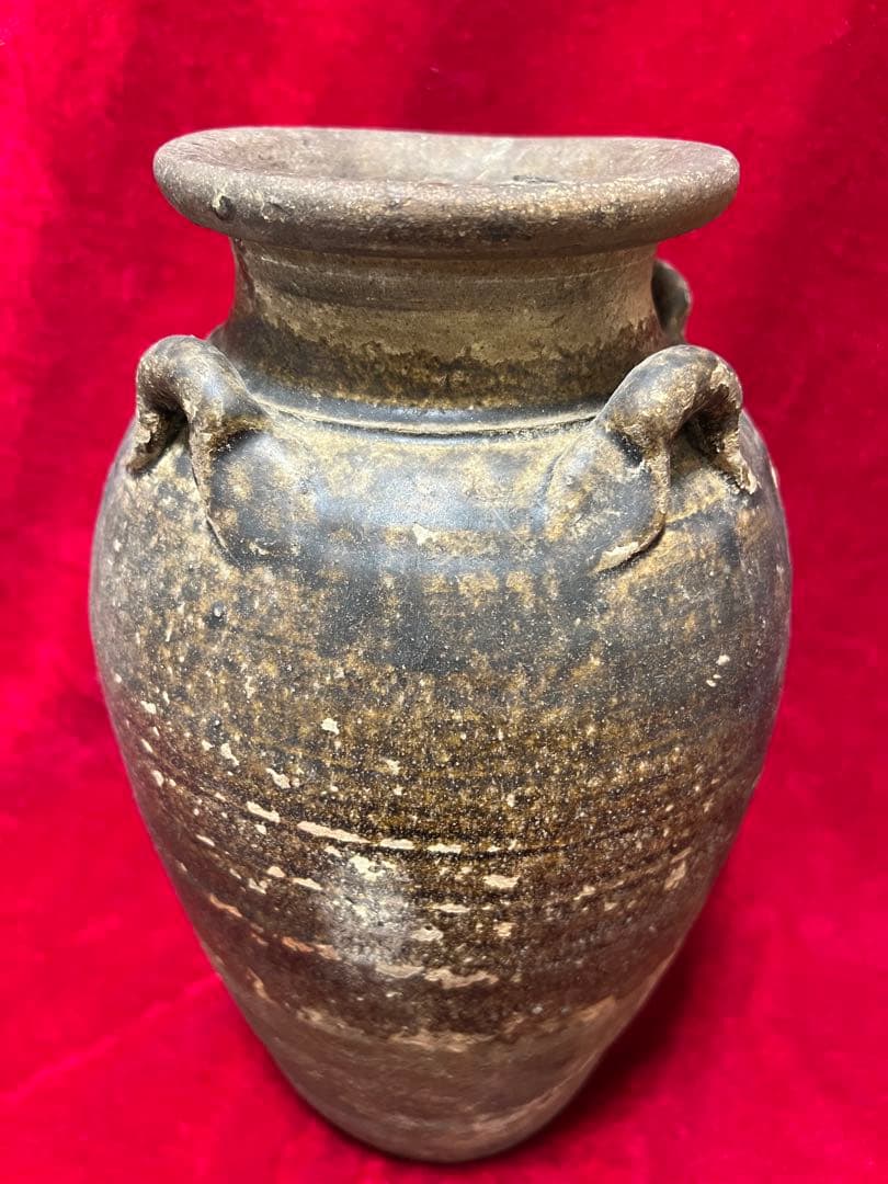 中国明朝青釉 四耳壺陶器 骨董品 時代物 高さ30cmx12cm整理品現状品のみ