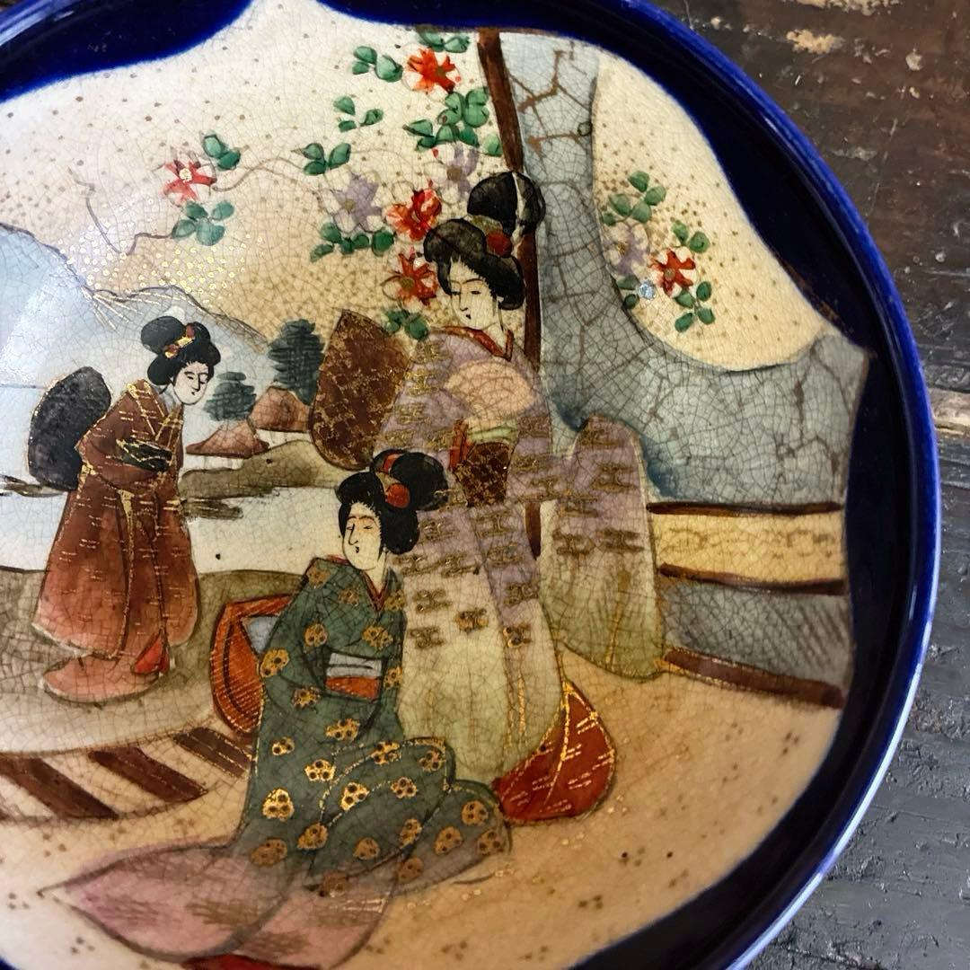 骨董　古薩摩　京薩摩　金光山　錦光山　瑠璃釉薬　精密美人画　茶碗　ボウル　１客