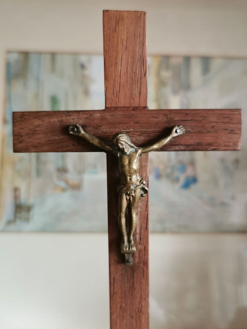 アンティークフランス/ベルギー ブロンズのキリストと十字架 杢目木製祭壇スタンド