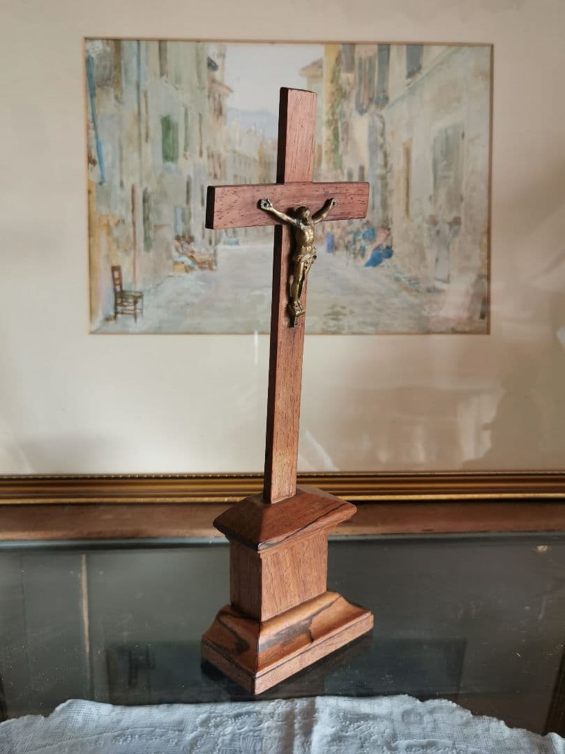 アンティークフランス/ベルギー ブロンズのキリストと十字架 杢目木製祭壇スタンド