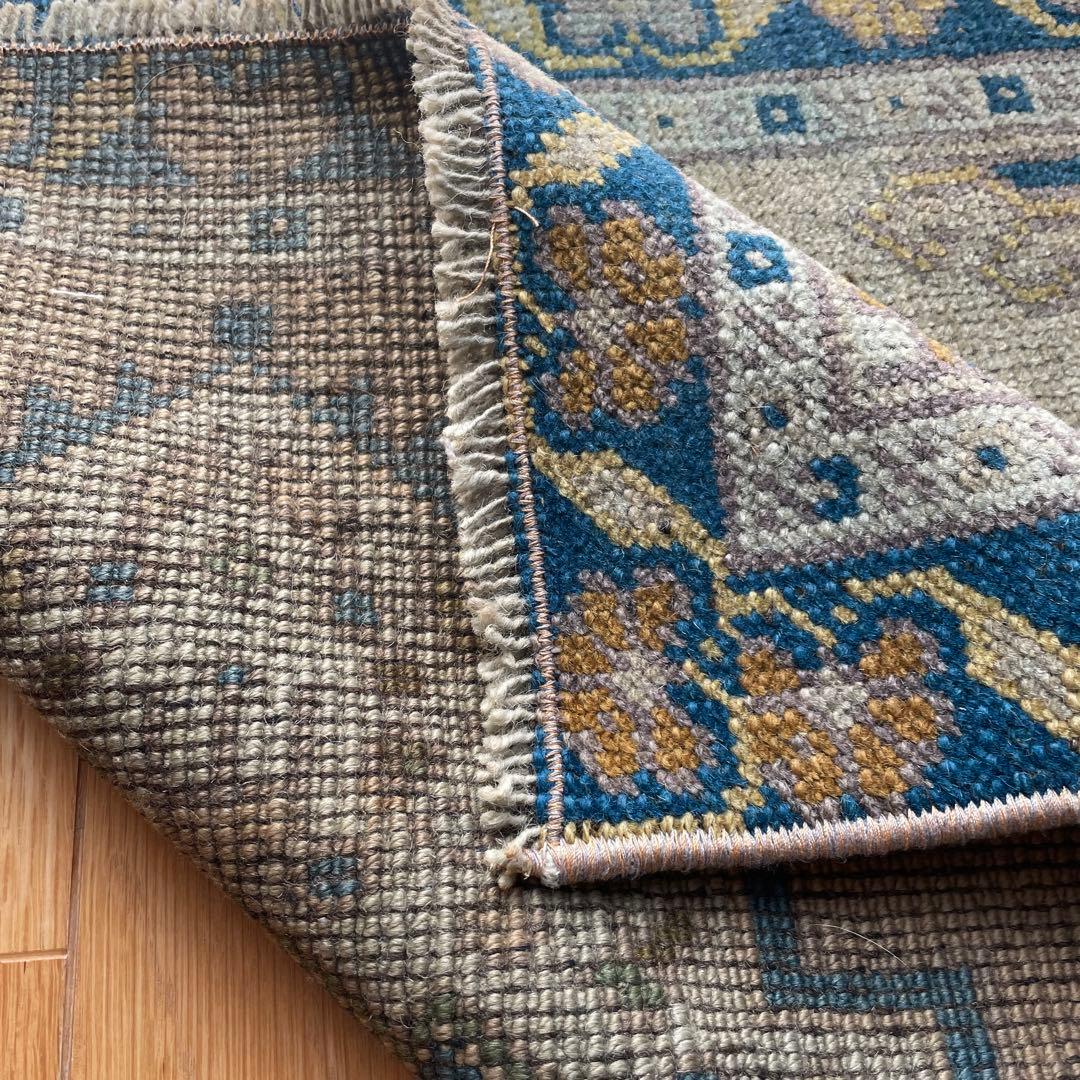 54×51㎝◇トルコヴィンテージラグ　ブラウン　ブルー　幾何学模様611