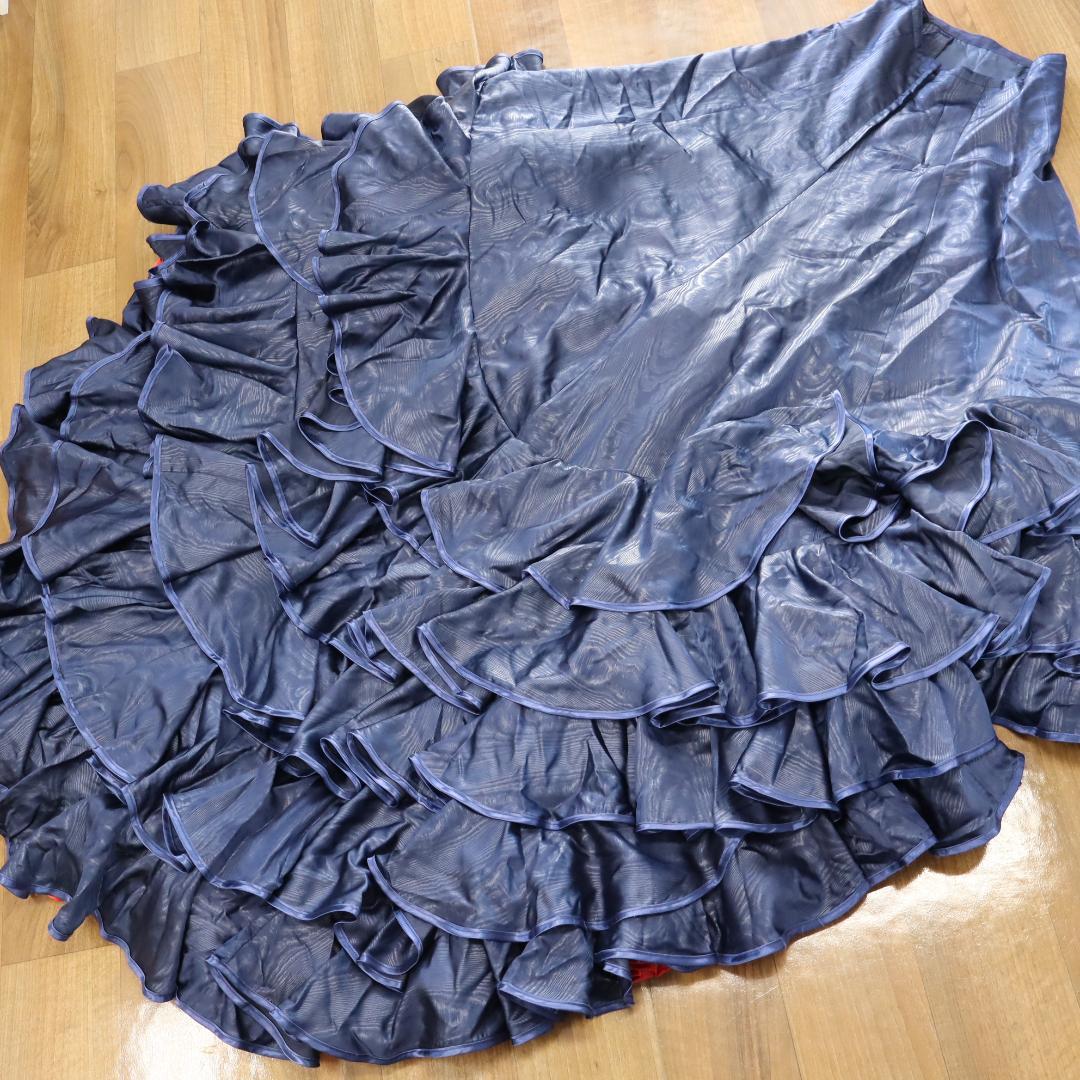 【美品 フラメンコ衣装】光沢ネイビー×柄 ブラウス バタデコーラ ファルダ