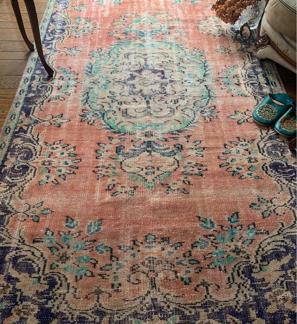 超大判　コーラルピンク244×132 インディゴブルー　トルコヴィンテージラグ