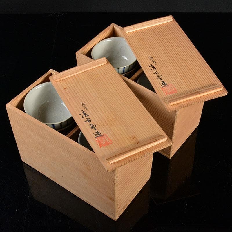 煎茶道具　夜寒焼　凌古堂造　引分　番茶碗　九客　合計18客　共箱　M　R4403