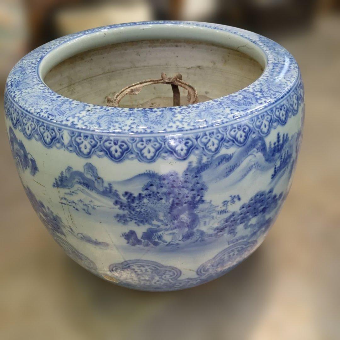 骨董　火鉢　伊万里　染め付け　テーブル　水鉢　金魚　めだか