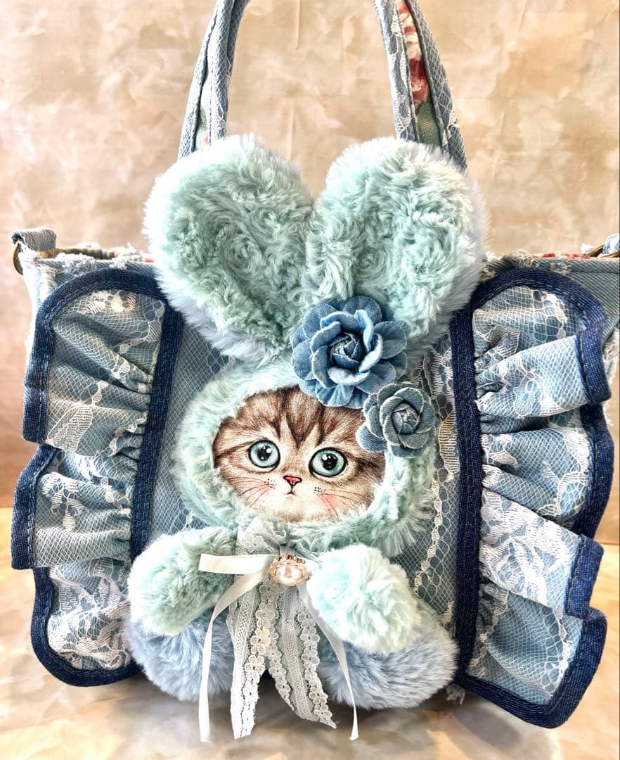 コヤンイサムチョン　レースデニム×ふわふわフリンジデニム　フリルバッグ