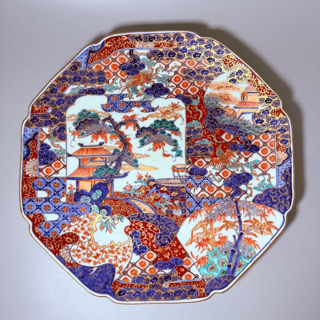 古伊万里　染錦　鳳凰　松竹梅　飛魚　千鳥　八角皿　冨貴長春　超細密技巧　46㎝