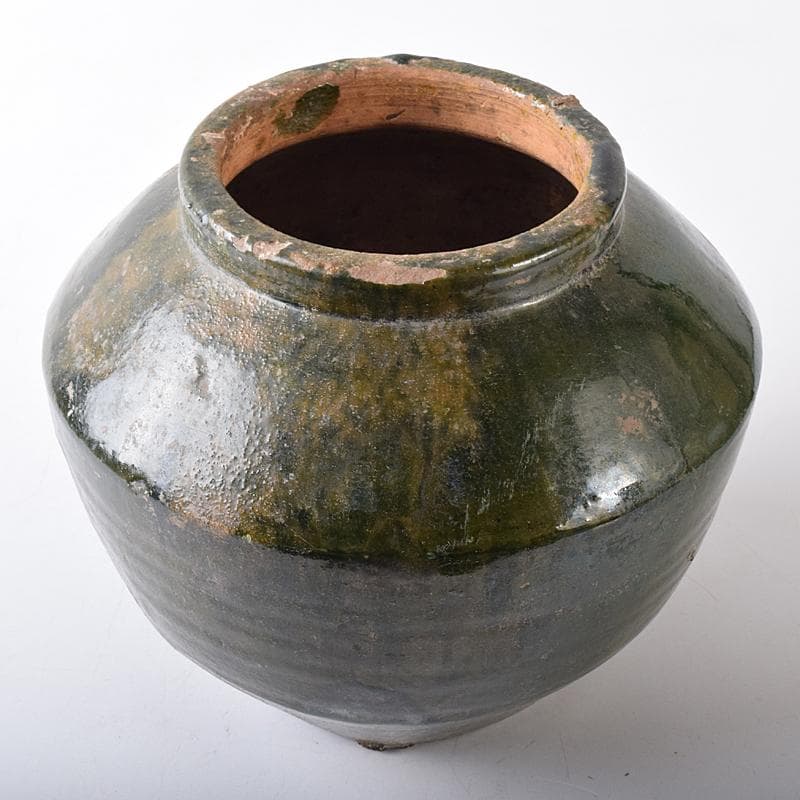 中国　漢時代　紅陶　緑釉壷　銀化壷　時代箱付　V　R8299B