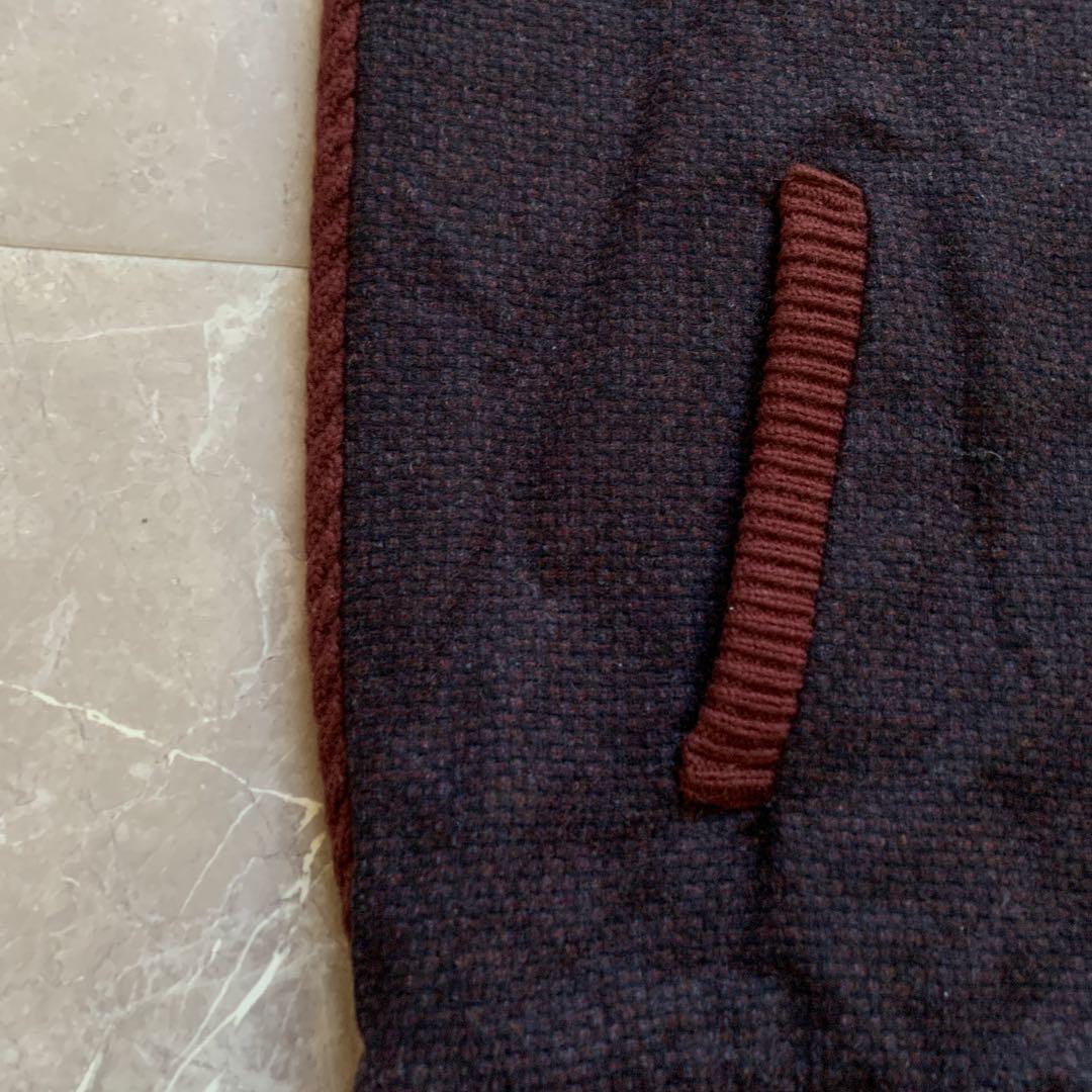 PAPAS + パパスプラス　ニットZIPブルゾン　袖ケーブル　エンジ　L