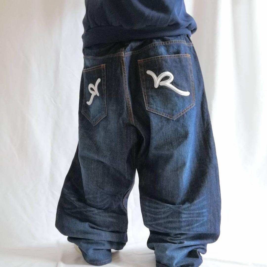 美品 希少 ロカウェア ROCAWEAR バギー デニム W40 デカロゴ 刺繍