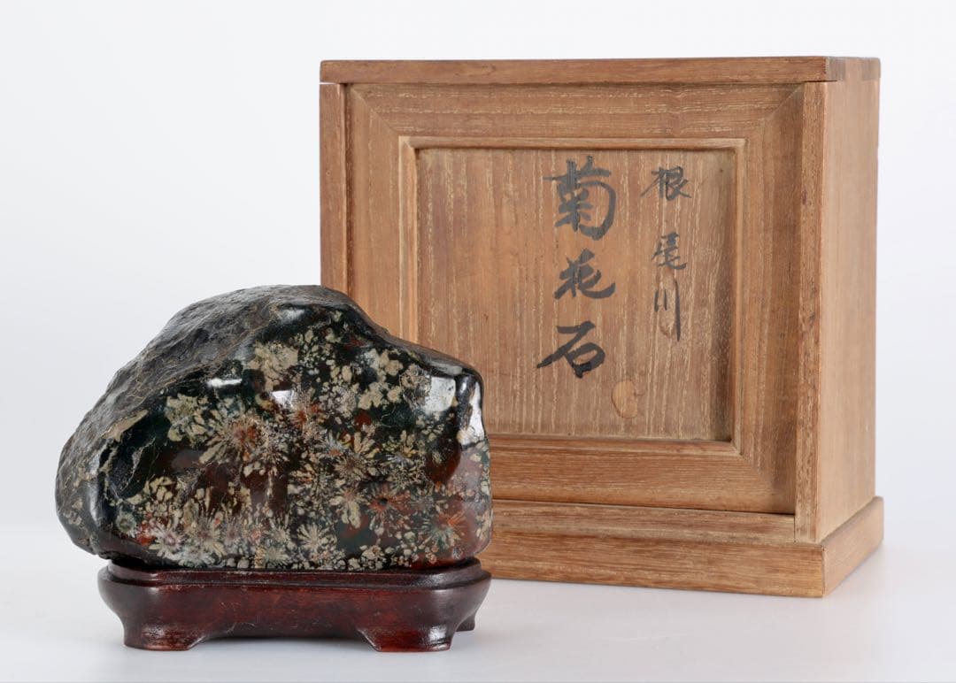 あ*げ様 根尾川産 六華　菊花石 小菊明瞭 台座・共箱付 鑑賞石 盆石 紋石 原