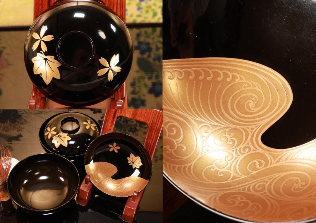 BJ111　時代輪島塗　流水紅葉桜図蒔絵　吸物椀　二客　木製　茶道具 懐石 会席