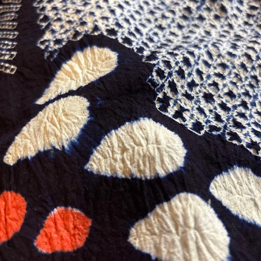 有松鳴海絞り浴衣 向日葵 ヒマワリ 身丈153 手縫い 藍染 絞り ヴィンテージ