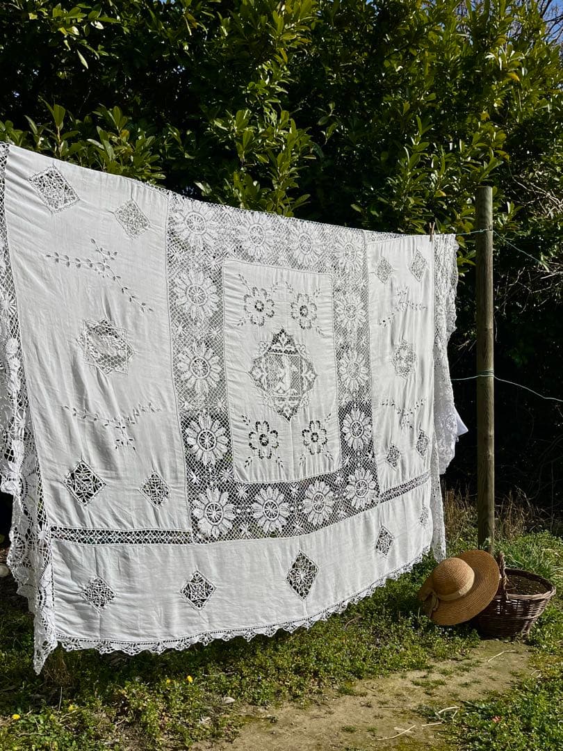 ◆フランスアンティークお宝級白天使の手刺繍超大判テーブルクロス大きいベッドカバー