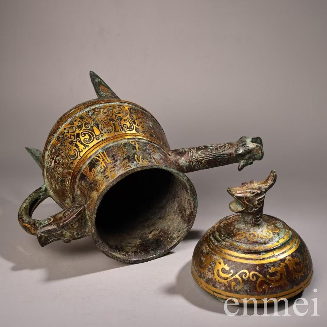 中国古美術・旧蔵搓金装飾付き銘文入り青銅酒壺・青銅・純手作り・高浮彫・置物・酒器