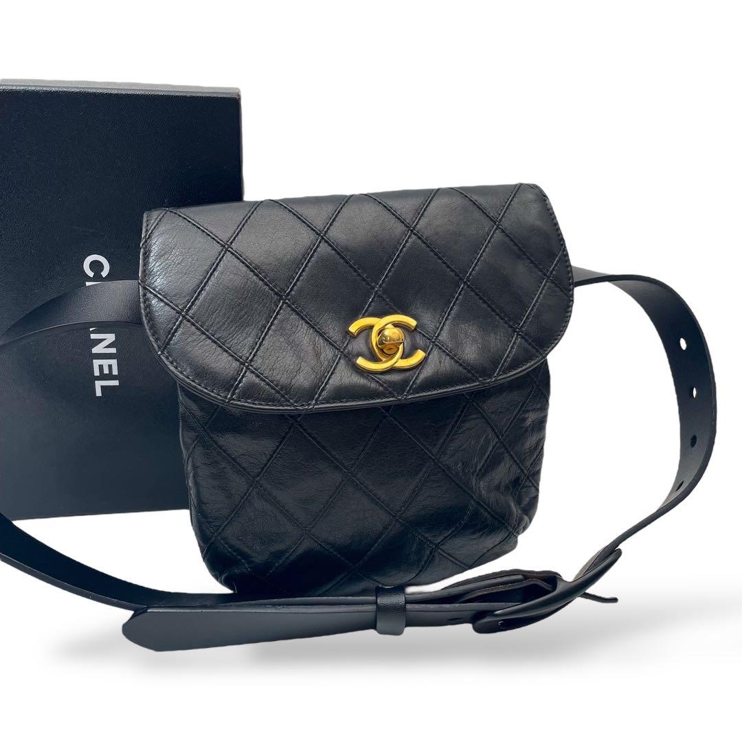 シャネル マトラッセ ビコローレ ラムスキン ウエストポーチ バッグ 黒色