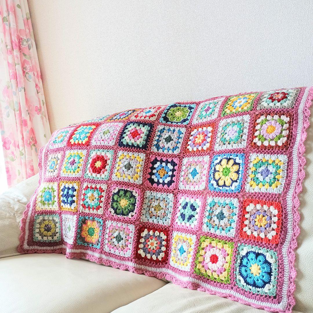 手編みブランケット★かぎ針編み★アフリカンフラワー★グラニースクエア★カラフル