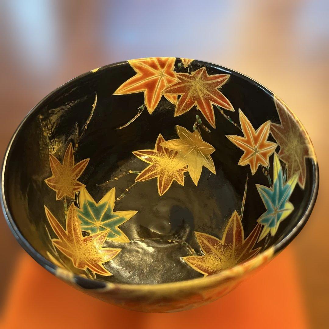 黒仁清写　紅葉絵　茶碗