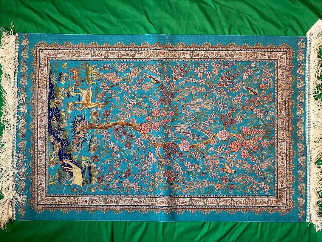 ペルシャ絨毯 青柄シルク 90cm×58cm