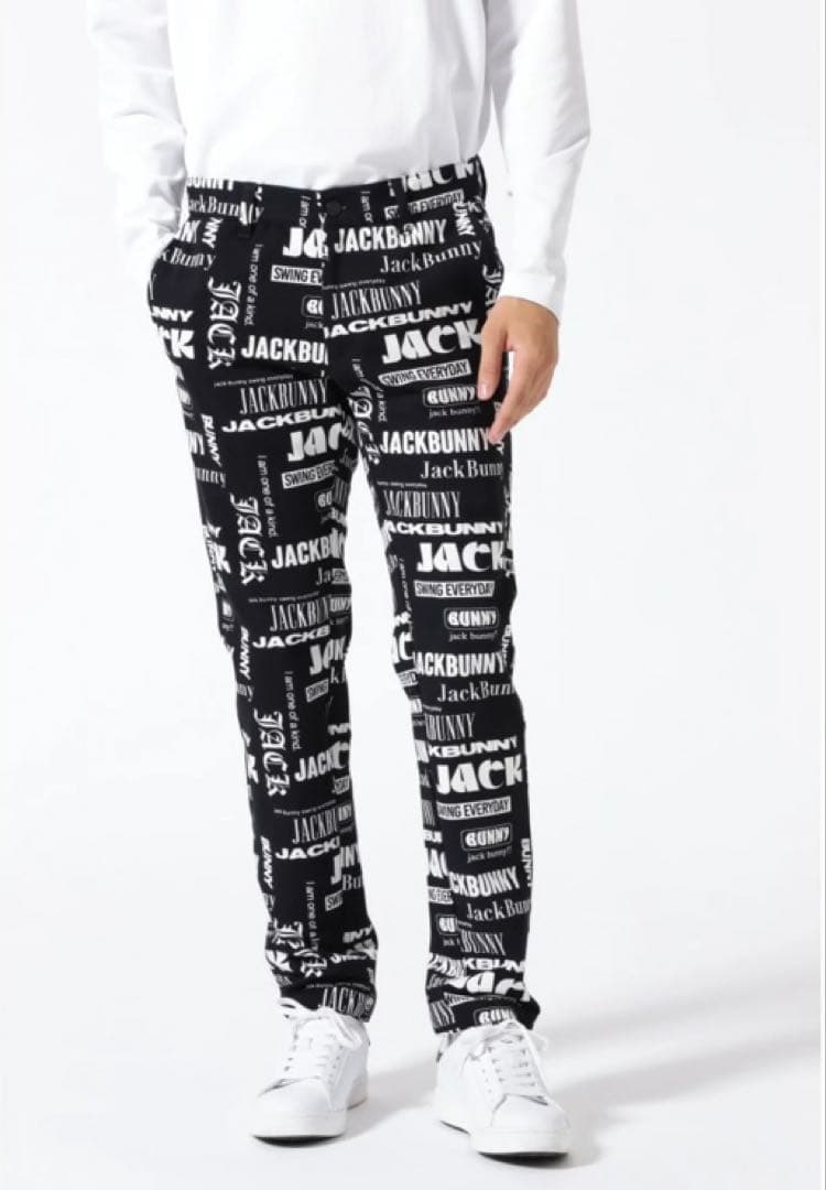 新品 パーリーゲイツ ジャックバニー ツイル 総柄テーパードパンツ(4)M/黒