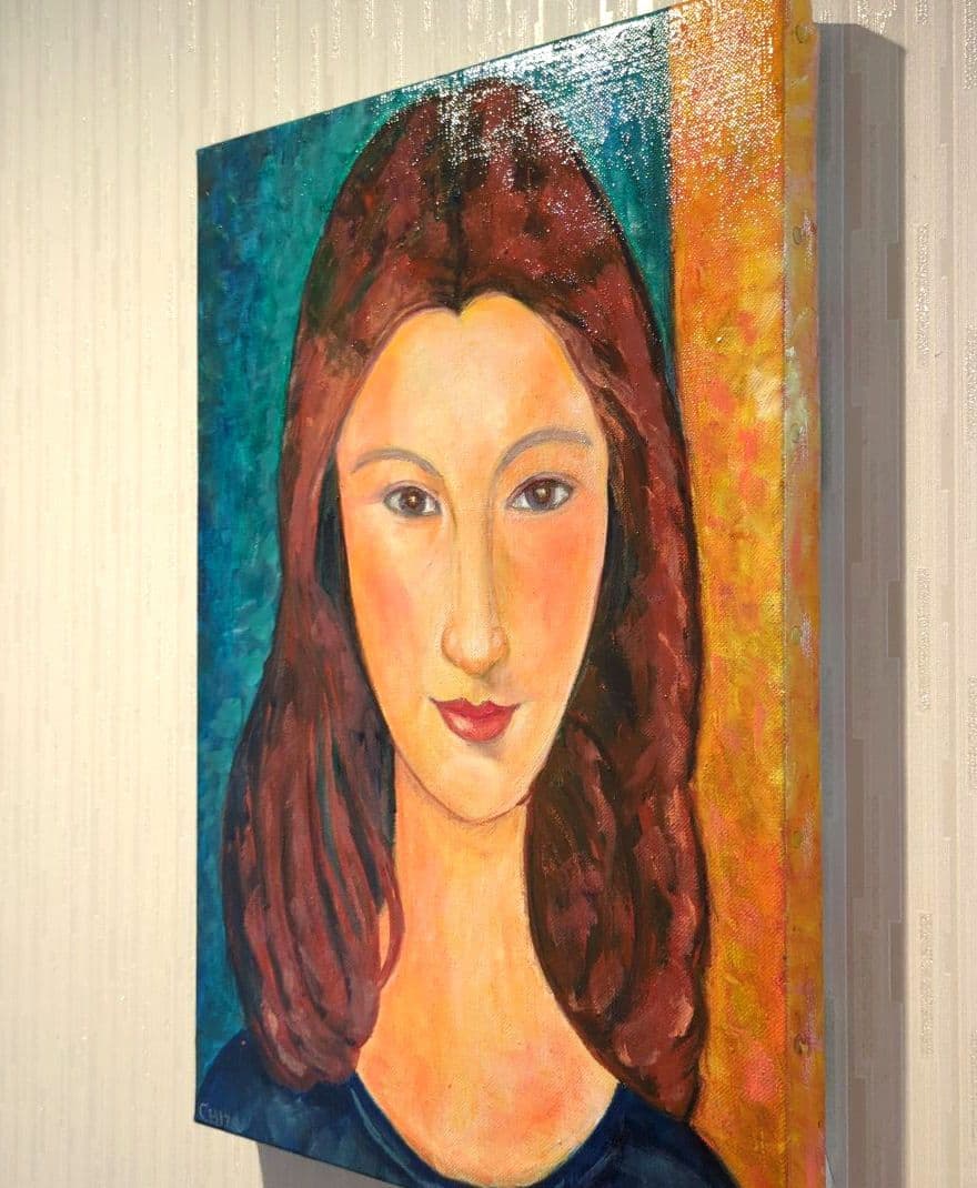 キャンバス油絵　パパ太郎　美しい妻ジャンヌ　モディリアーニ　名画オマージュ