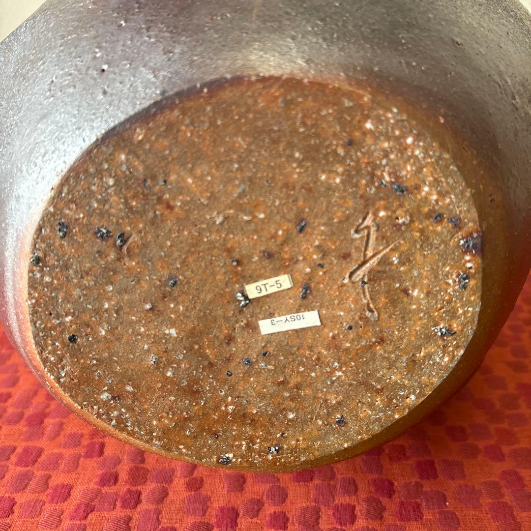 山下譲治 備前扁壷 綾線文扇壺 共箱共布栞 高さ約38ｃｍ 師(人間国宝伊勢崎淳