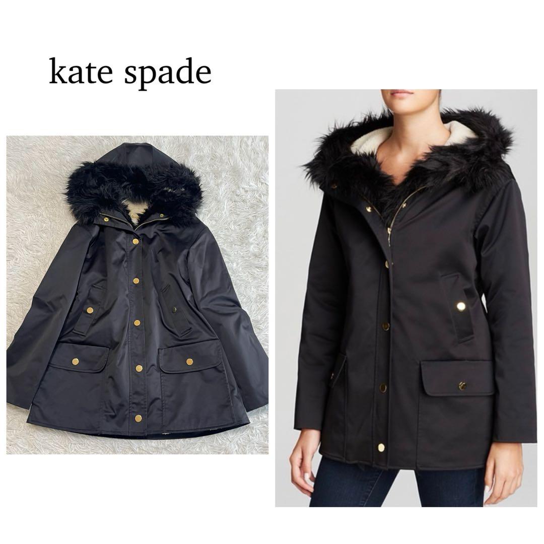 美品 ケイトスペード モッズコート 裏ボア ファー付き アウター 黒