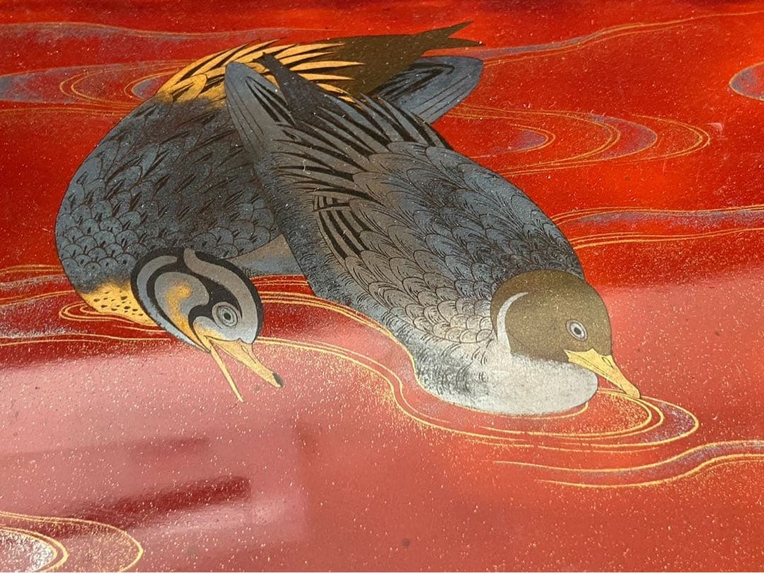 時代漆器 金銀 鴨蒔絵 紅溜 五段重箱 二枚蓋 共箱 木製 / 輪島塗