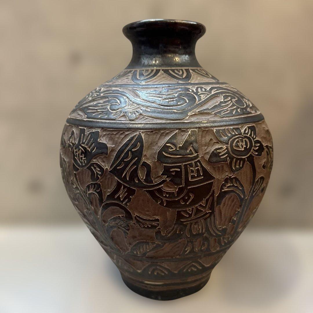 壺屋焼.島袋常明.エジプト紋.掻き落とし.大壺.やちむん.銘あり