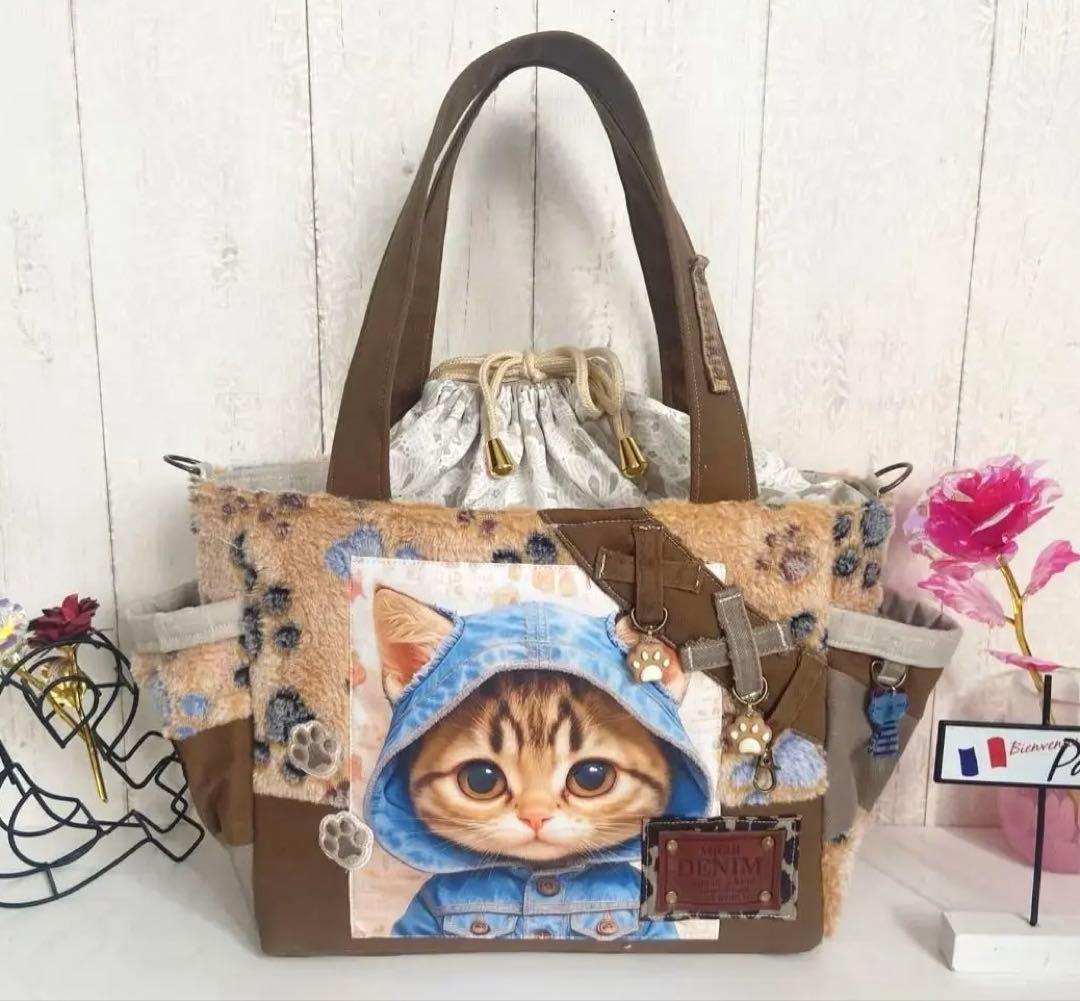 デニムリメイクバッグ　猫　肉求