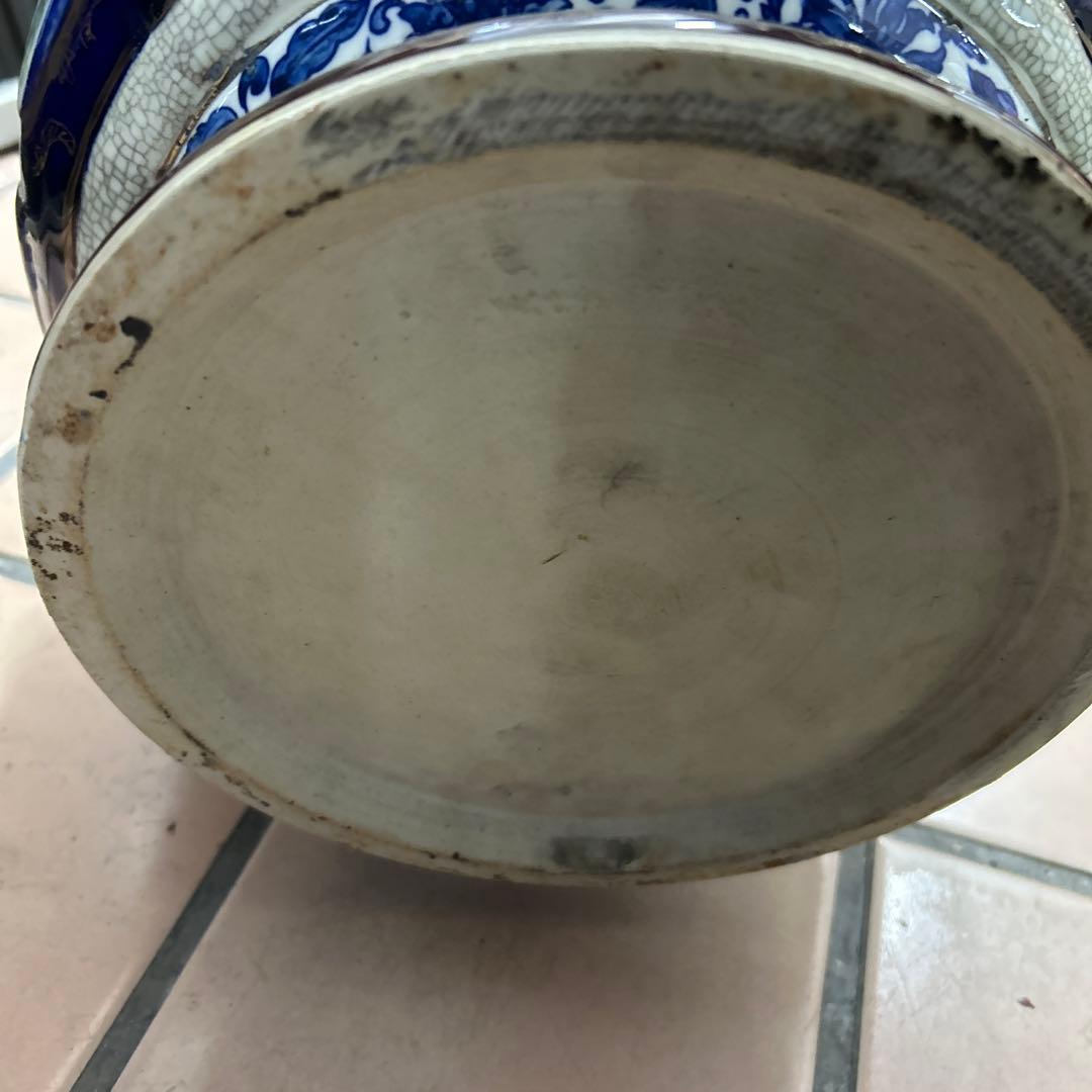 中国美術 青花琺瑯彩人物神獣纏枝花紋雙耳大瓶 高さ約50cm 旧家蔵出