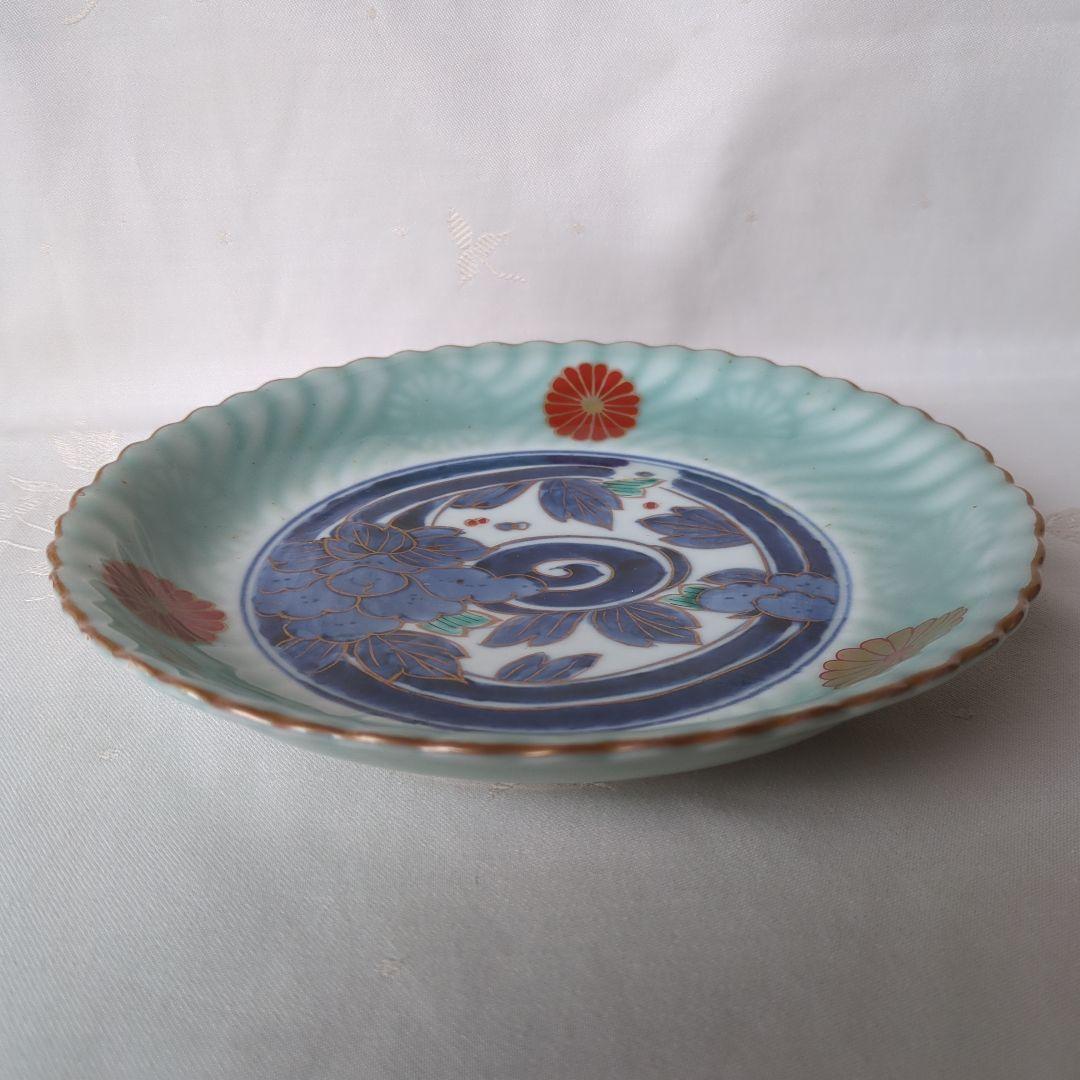 古伊万里 七寸皿 ① 色絵 青磁 菊文様 江戸期