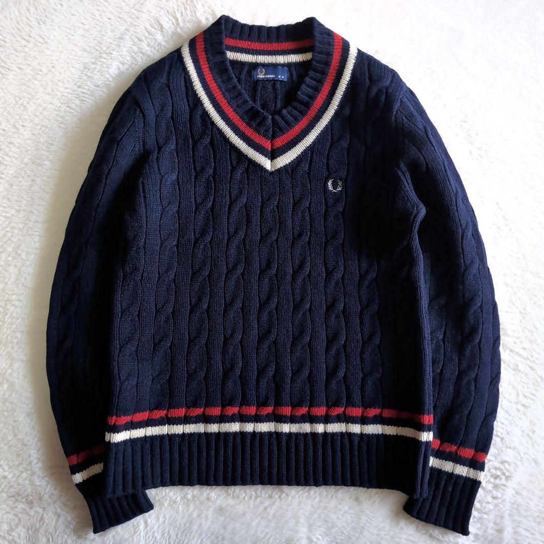 美品 フレッドペリー ウール ケーブル チルデンニット M ネイビー