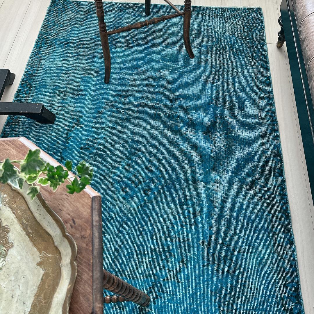 トルコ ヴィンテージラグ A56 ターコイズブルー コバルトブルー オーバーダイ