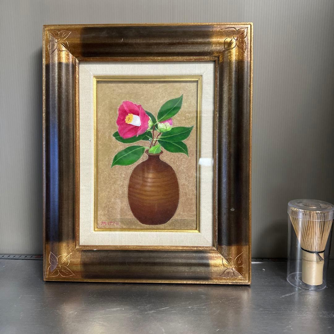 人間国宝、井上萬二、真作。椿。油彩額装、SM.号。