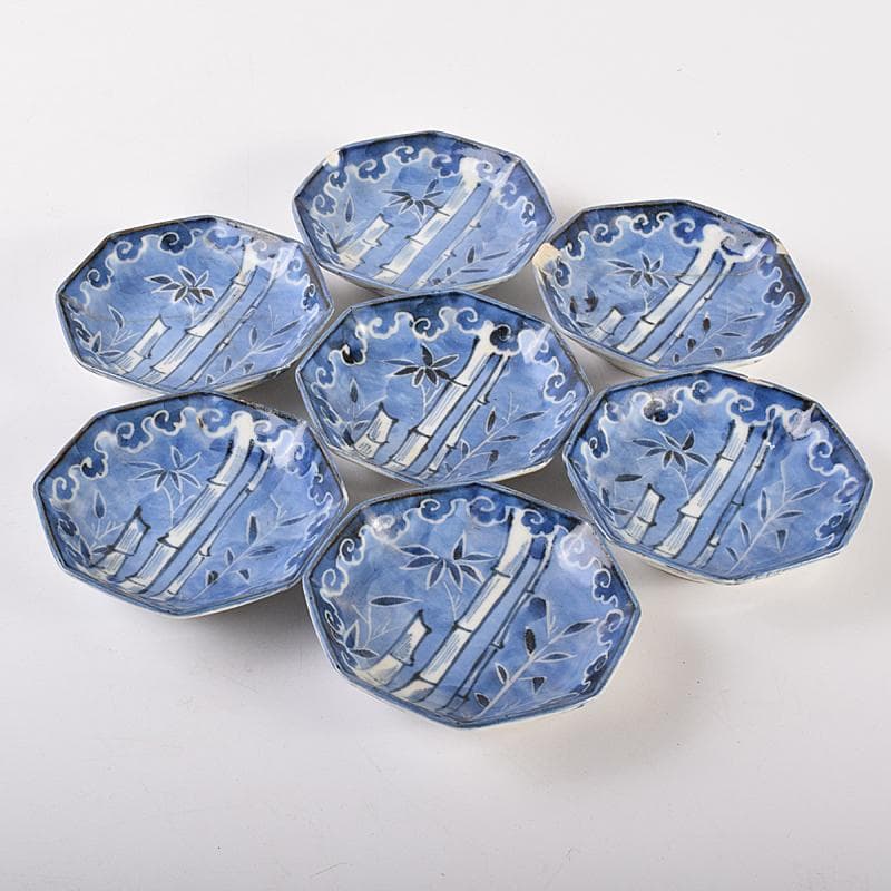 伊万里焼　古伊万里　染付　竹文　八角小皿　七客　時代箱付　C　R7593