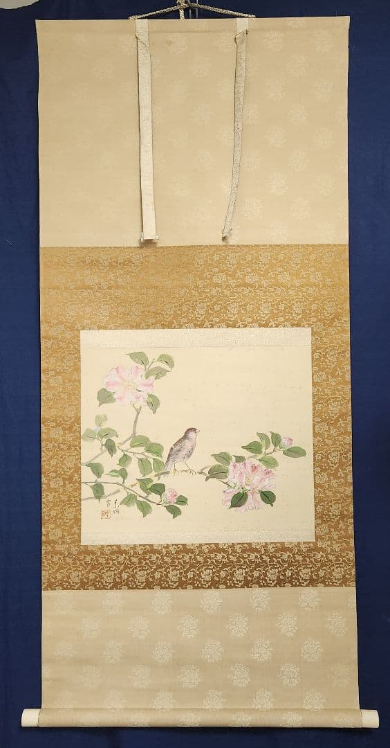 【牡丹に雀図】結城素明 2656 ボタン 掛け軸　肉筆