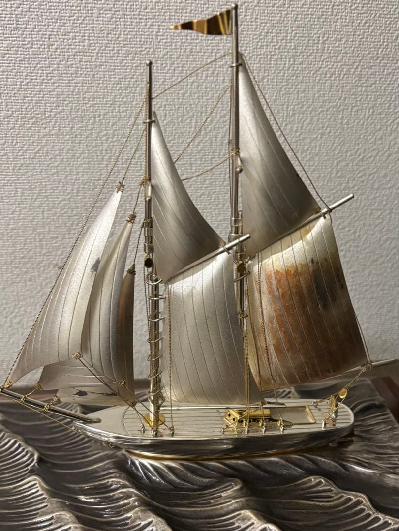 純銀刻印　帆船置物　船長さ21cm 大きめ　ガラスケース付き　レトロ