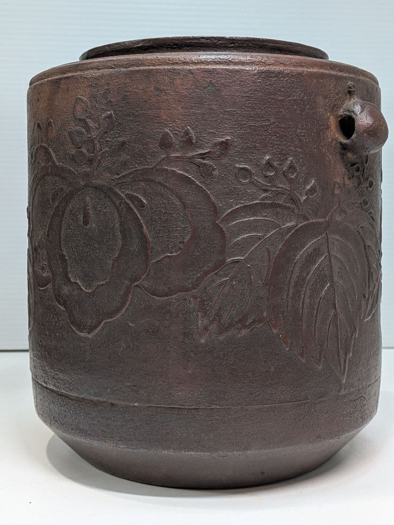 P973 釜師 平松宗信 東陽坊釜 桐地紋 茶道具 共箱 釜鐶 象嵌 筒釜