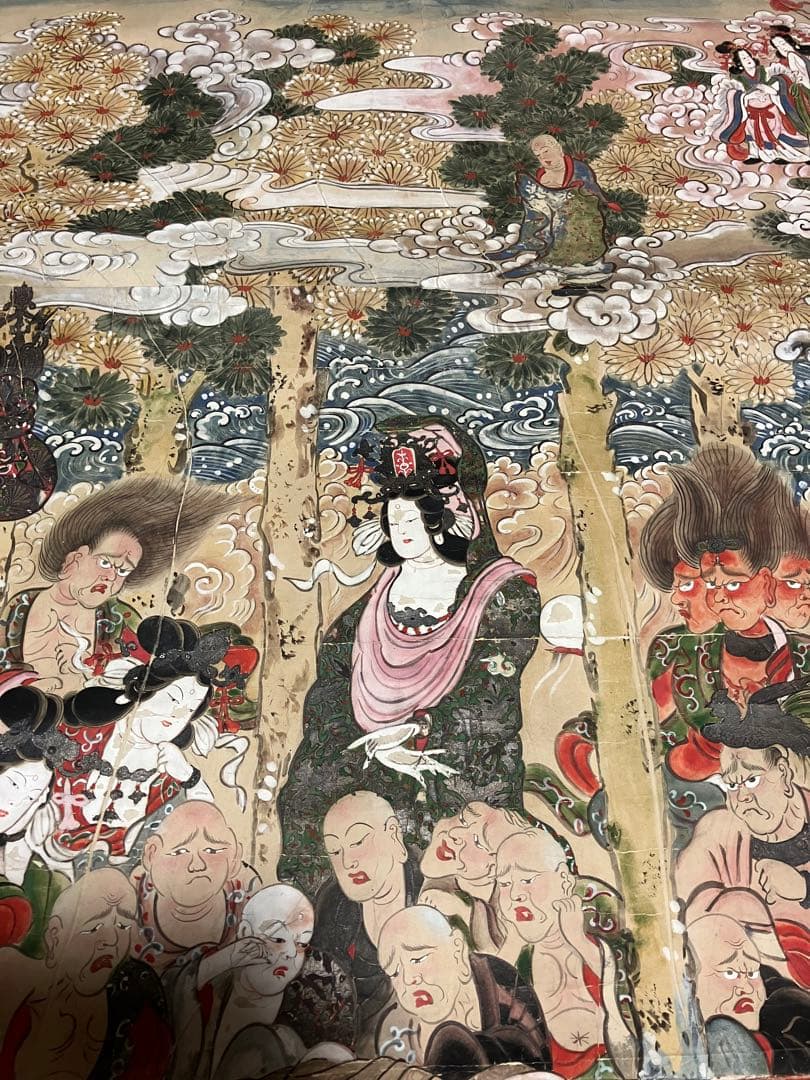 掛軸 超大幅 古仏画 『釈迦涅槃図』 紙本 肉筆 彩色 箱無 仏画 仏教美術