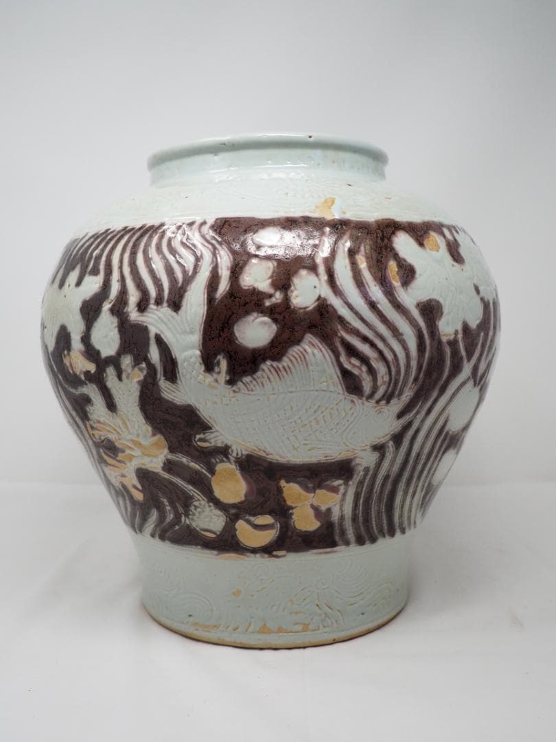 辰砂鉄砂　魚藻文　花瓶　壷　-SO