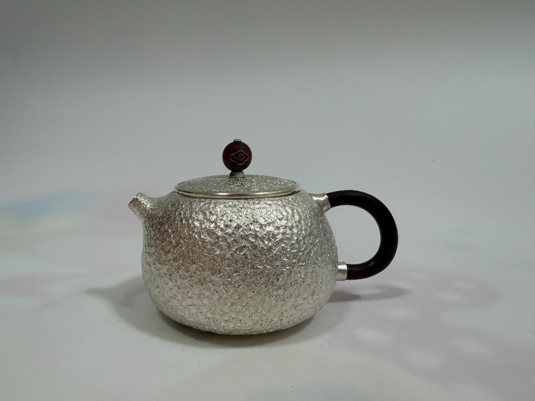 純銀製 丸形 唐木手 急須 銀瓶 煎茶道具