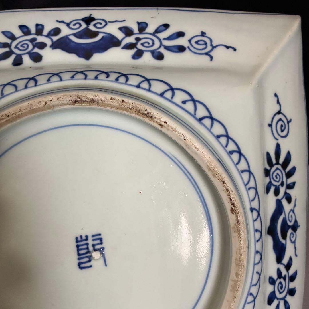 時代物 染付 牡丹文 角大皿 飾り皿 盛皿 骨董