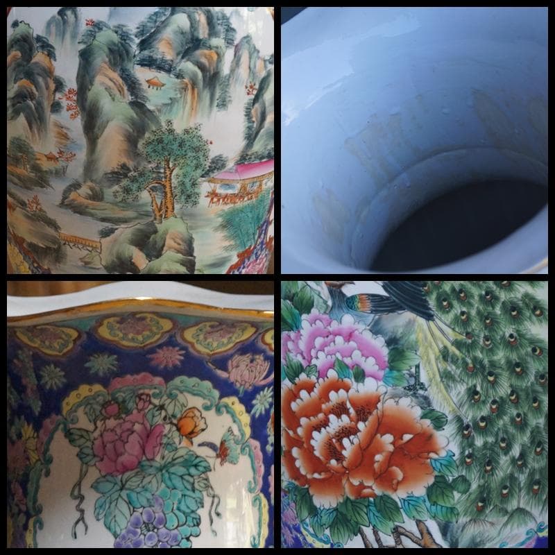 超特大型 景徳鎮製 粉彩色絵窓絵『山水風景孔雀牡丹祥瑞文』飾り壺花瓶高79cm